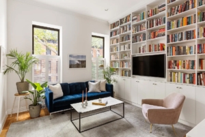 living room with built-in bookshelves in Carroll Gardens condo