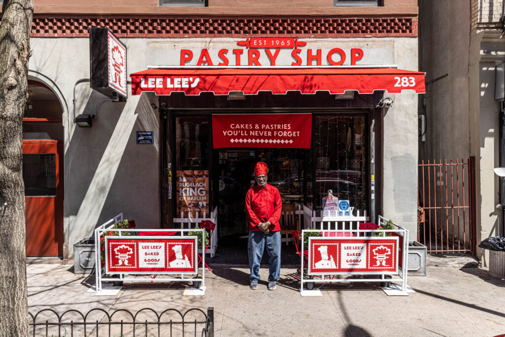 Lee Lee's Baked Goods exterior with owner standing in front - pie in NYC