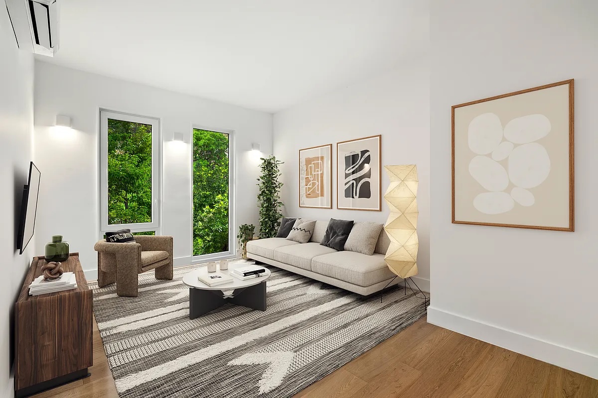 living room with leafy view in Prospect Lefferts Gardens, one of NYC's trending neighborhoods