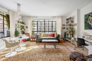 living room with casement windows in Gramercy Park 1-bedroom