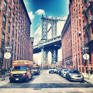 view of the Manhattan Bridge from Washington Street Dumbo