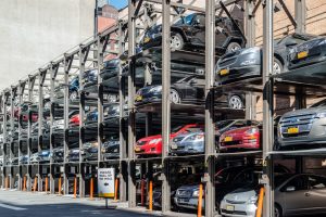 image of cars stacked in New York City vertical parking lot.