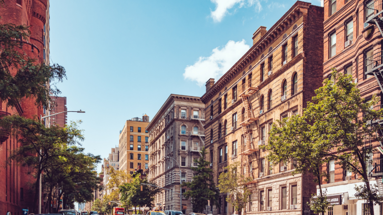 Residential Manhattan street during sunny summer day