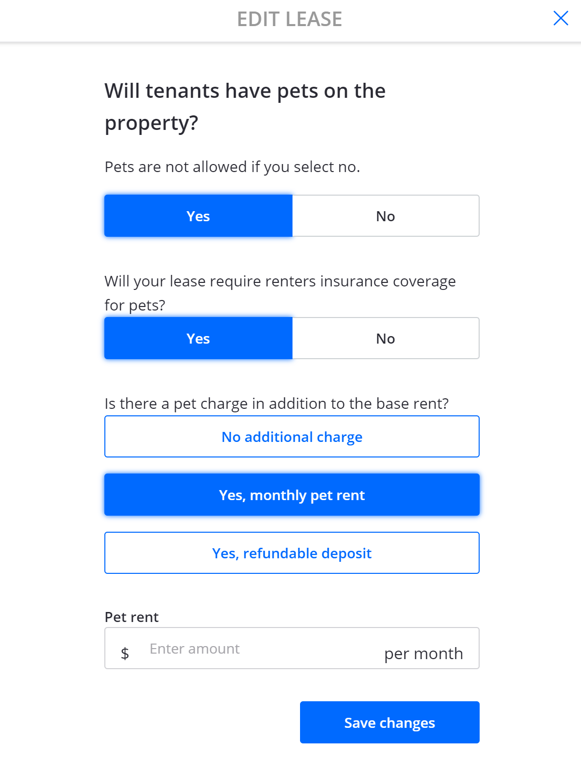 Specifying if pets are allowed and any fees in a rental lease agreement using Zillow Rental Manager.