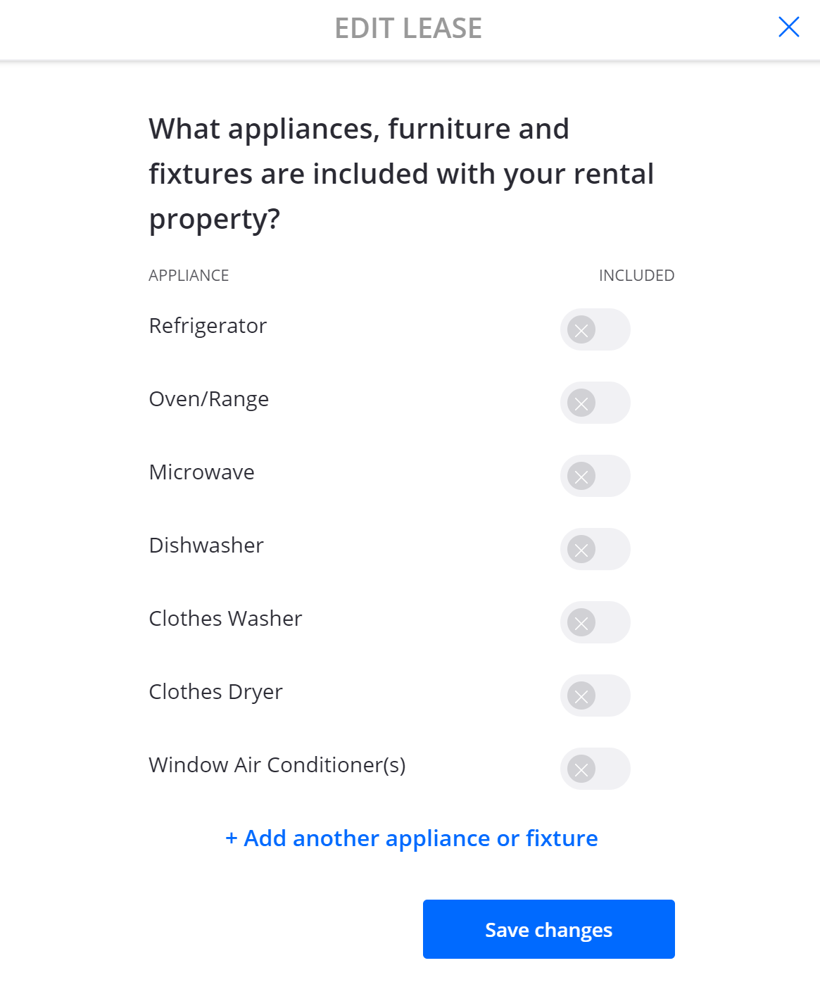 Adding appliances available in the property on a rental lease agreement using Zillow Rental Manager.