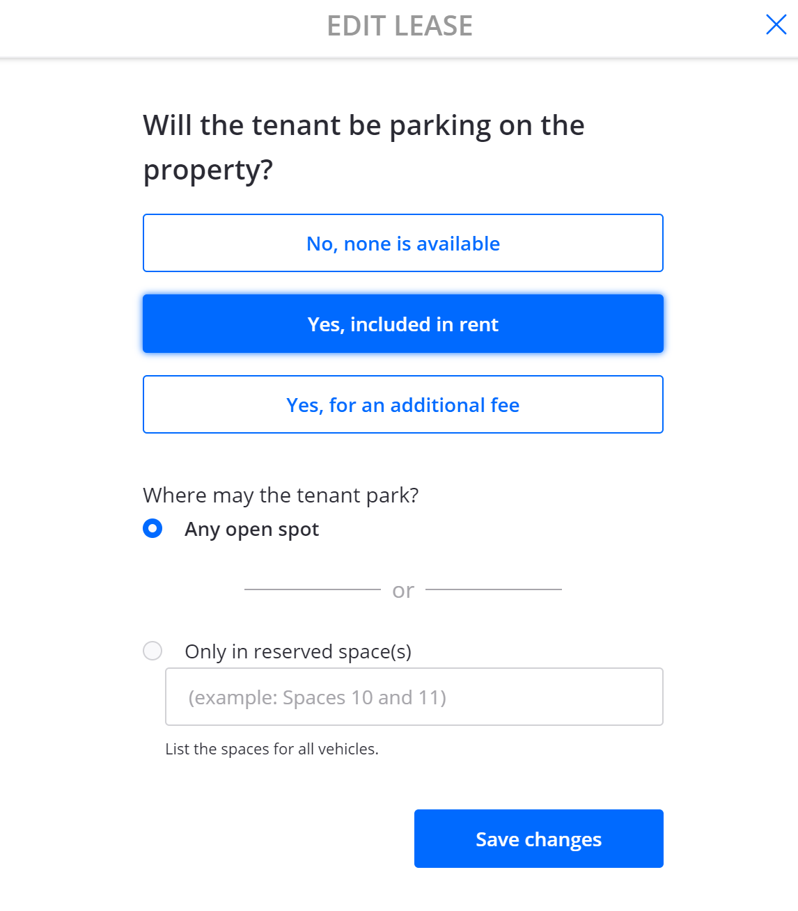 Including a parking policy in a rental lease agreement using Zillow Rental Manager.