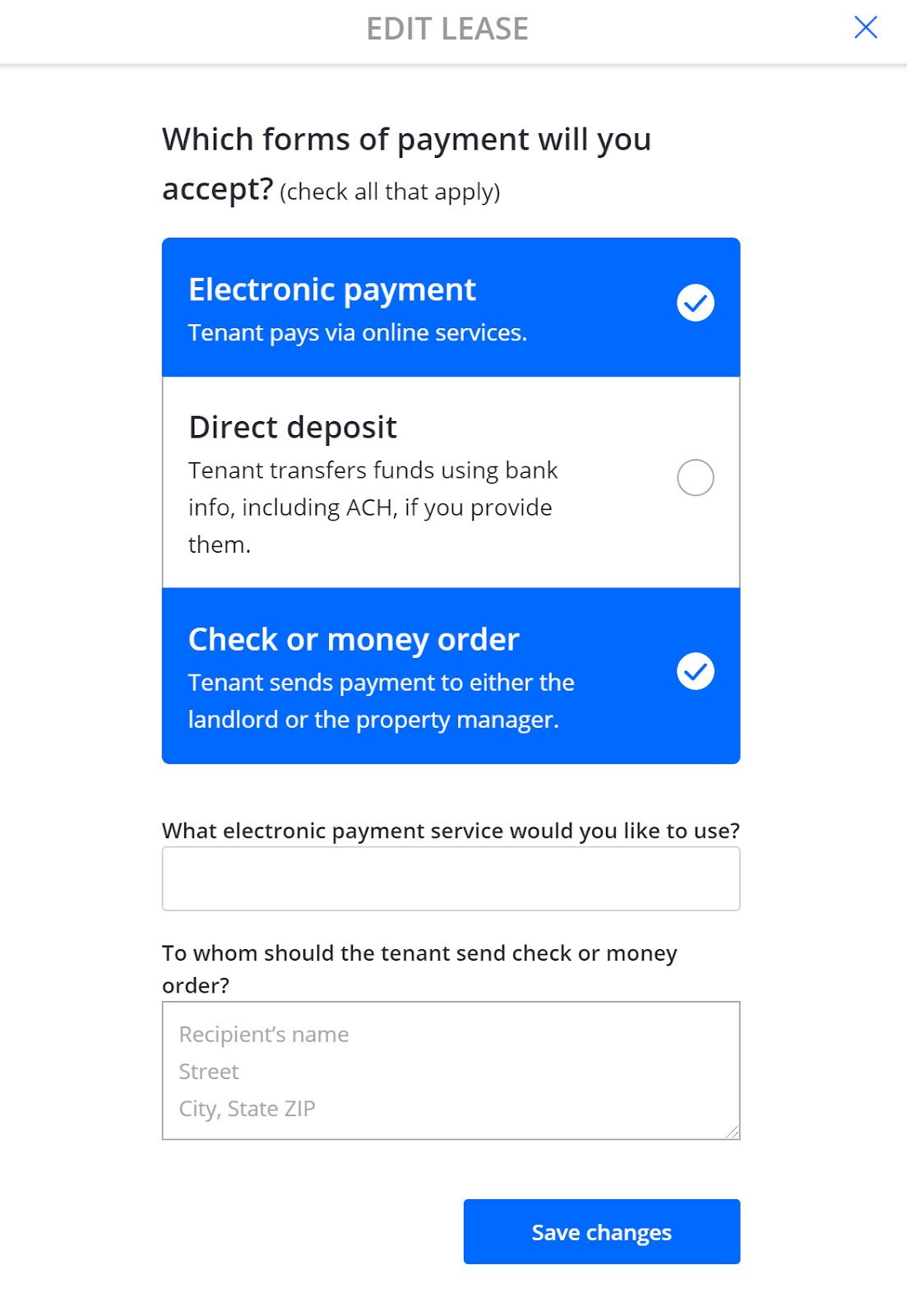 Adding acceptable payment methods to a rental lease agreement using Zillow Rental Manager.