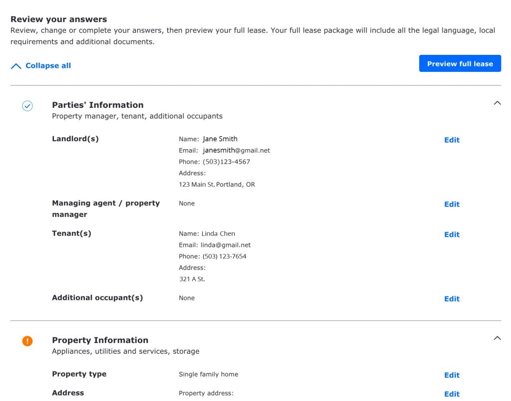 The review screen for a rental lease agreement created using Zillow Rental Manager.