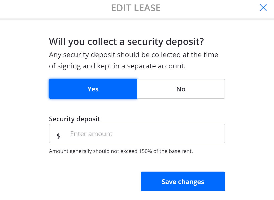 Setting the security deposit amount on a rental lease agreement using Zillow Rental Manager.