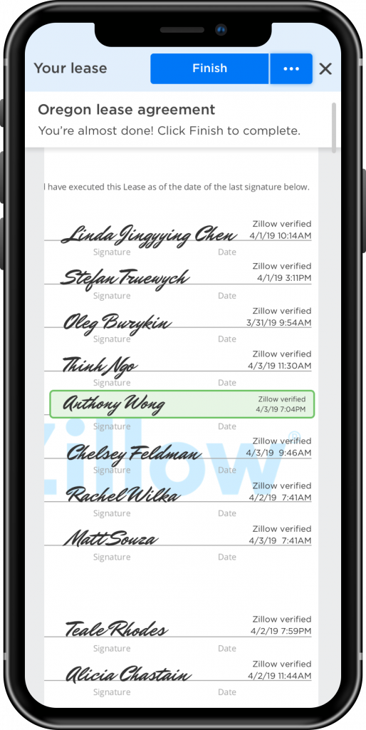 Signing a rental lease agreement on mobile using Zillow Rental Manager.