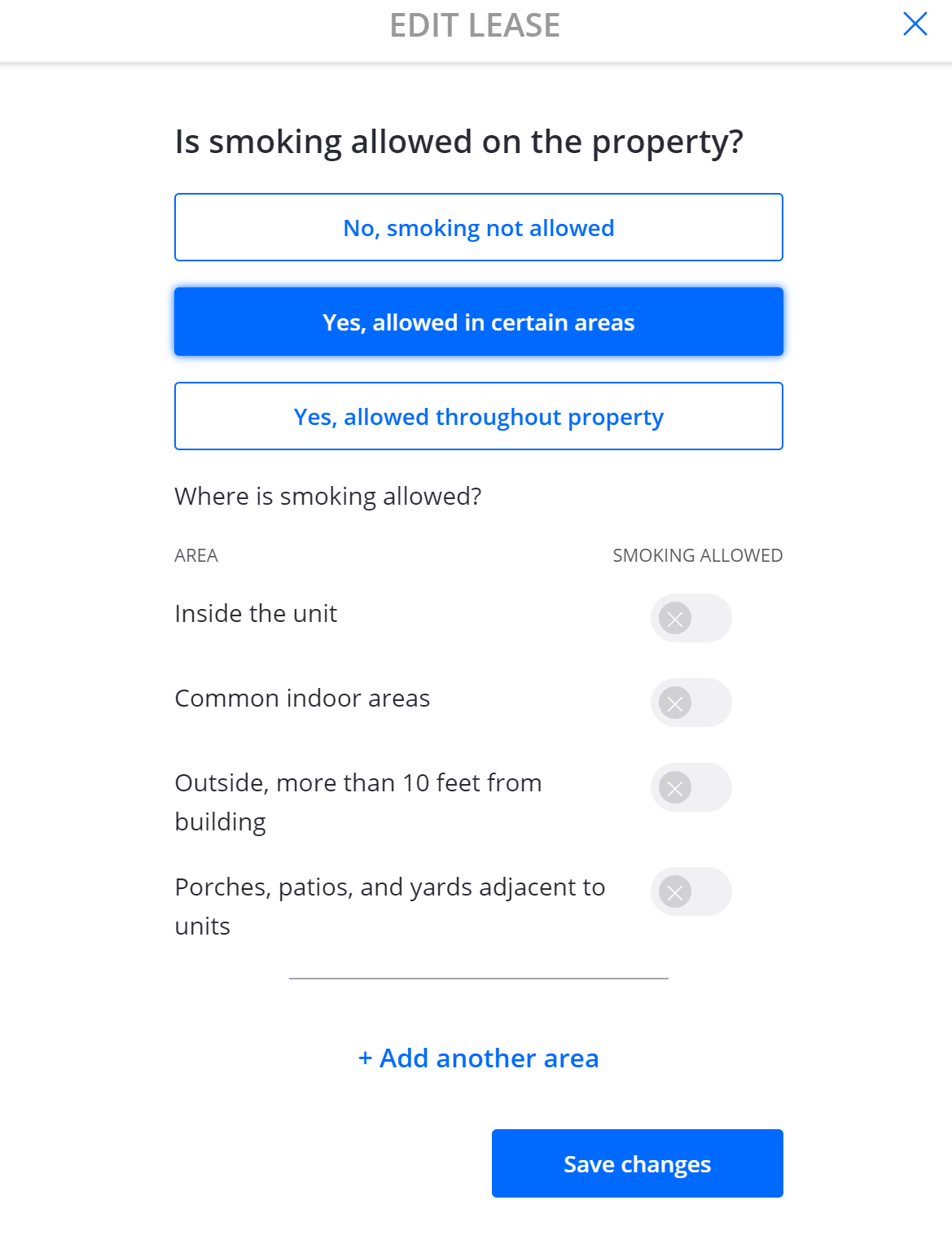 Specifying if smoking is allowed in a rental lease agreement using Zillow Rental Manager.