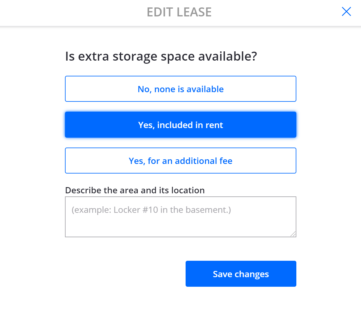 Adding storage availability in a rental lease agreement using Zillow Rental Manager.