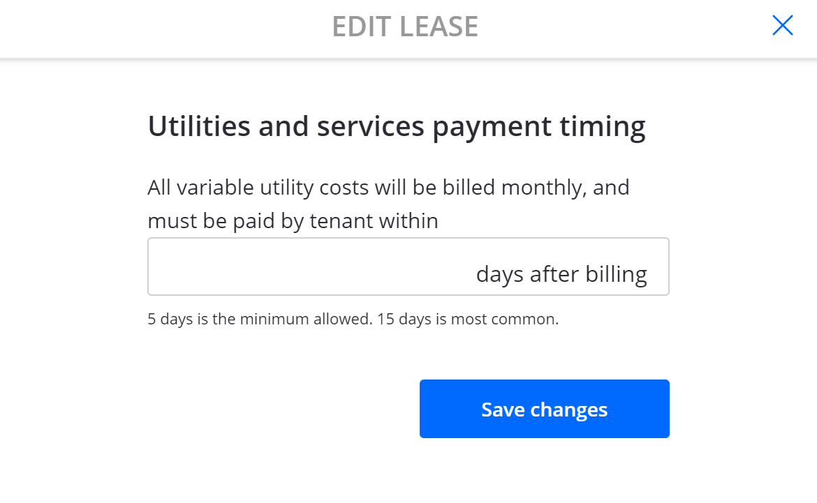 Adding the payment due date for utilities in a rental lease agreement using Zillow Rental Manager.