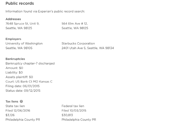 Public record search of residences, employers, bankruptcies and tax liens on a tenant credit check.